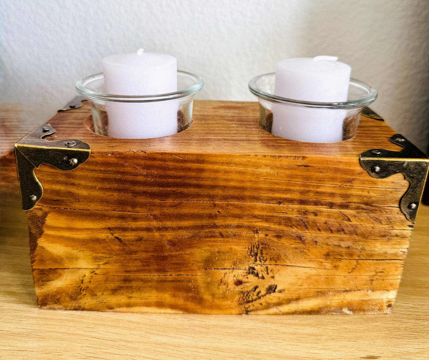 Rustic Wooden Candle Holder With Glass Inserts and Metal Accents